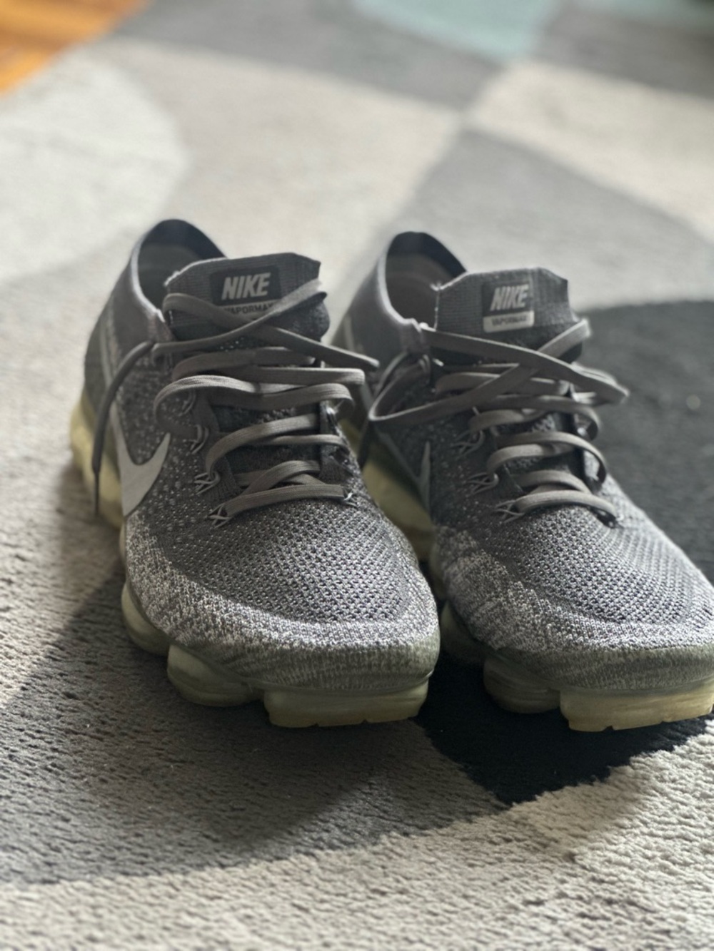 Nike Grey and White Flyknit VaporMax with Light Green Sole